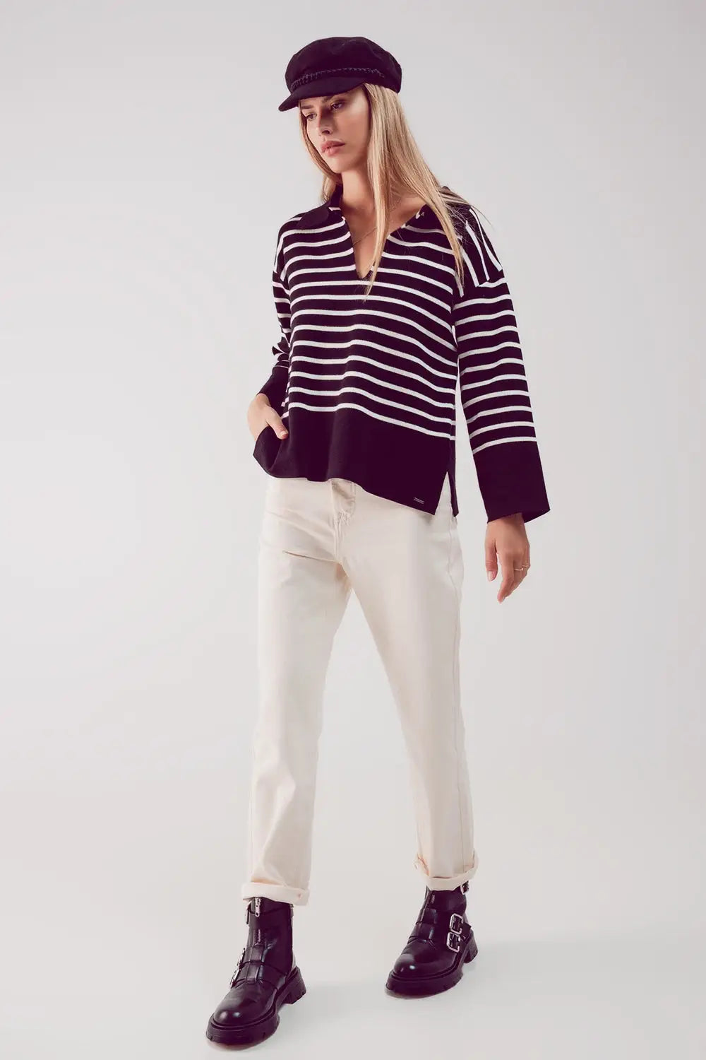 Polo neck sweater in black stripe - Sweaters