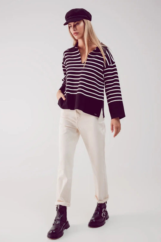 Polo neck sweater in black stripe - Sweaters