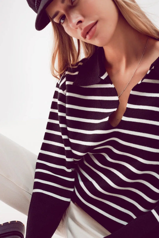 Polo neck sweater in black stripe - Sweaters