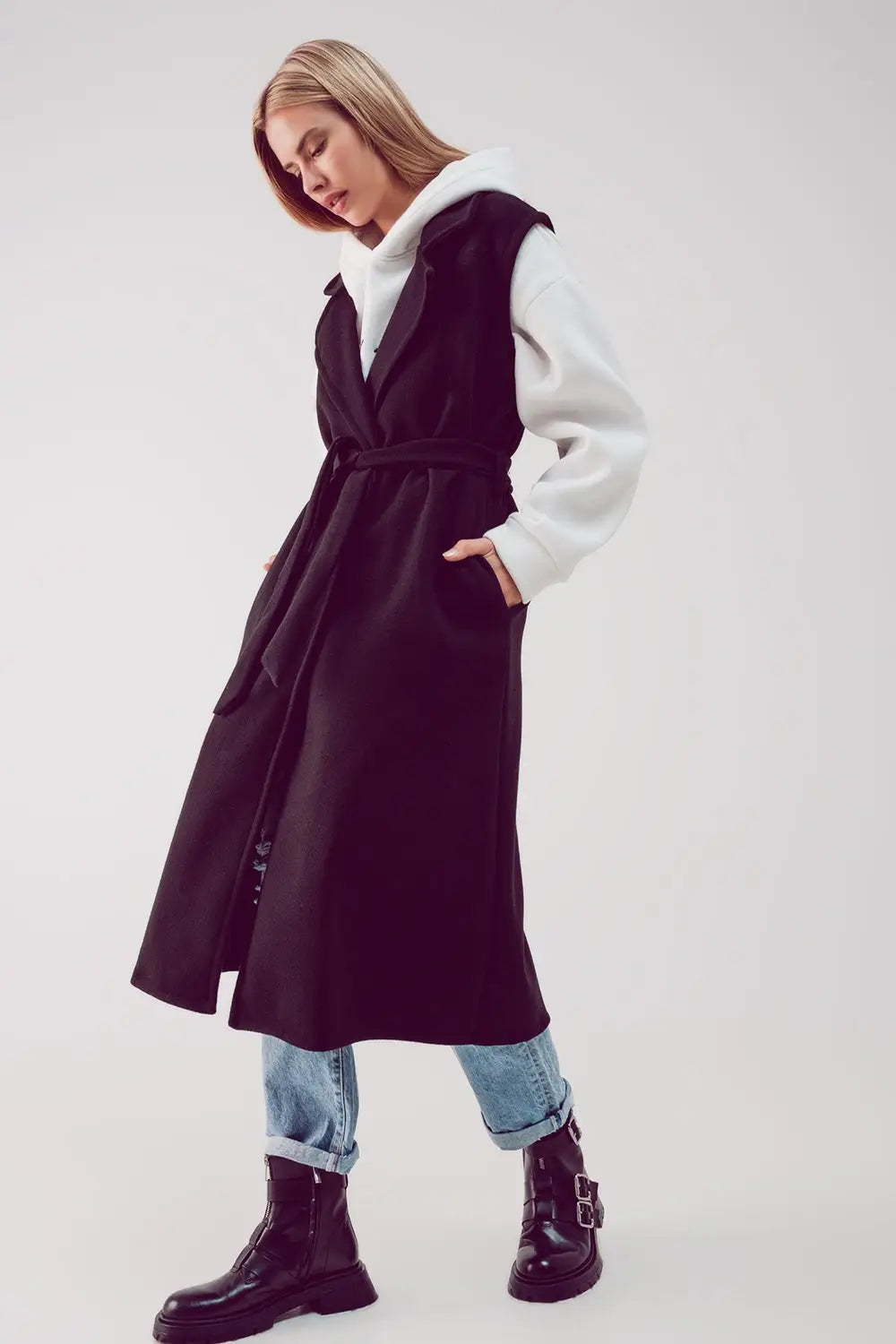 Ultra longline belted gilet in black - Jackets