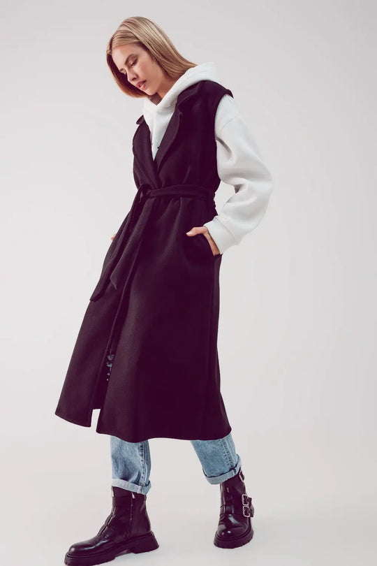 Ultra longline belted gilet in black - Jackets