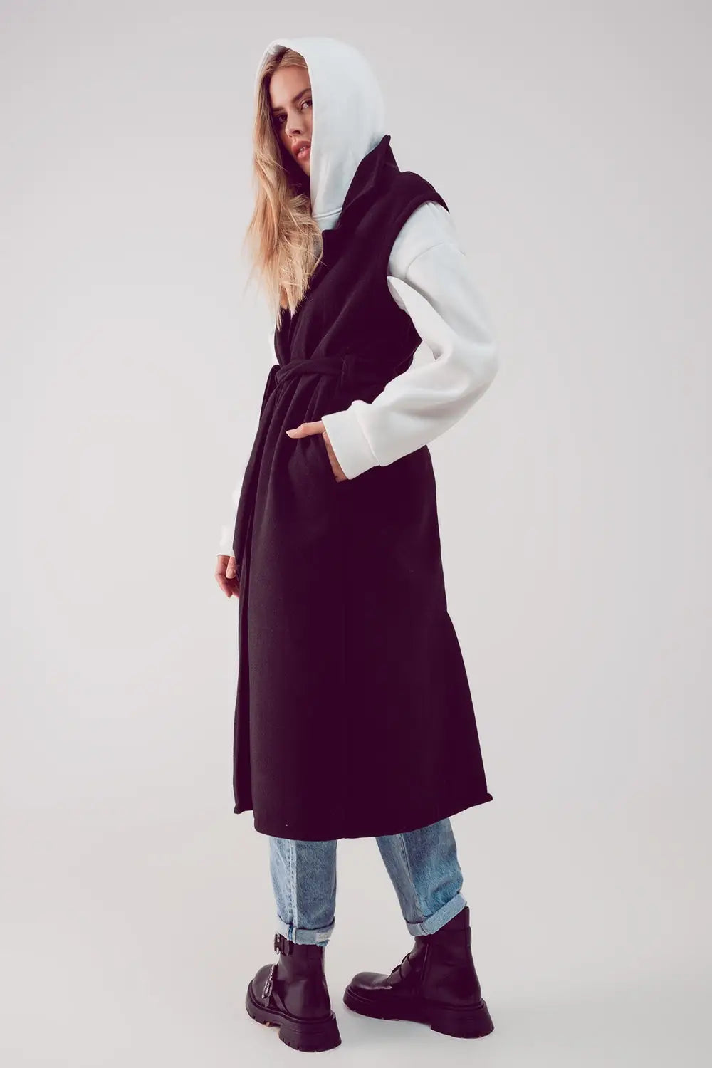 Ultra longline belted gilet in black - Jackets