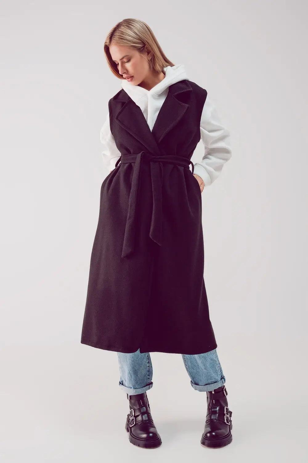 Ultra longline belted gilet in black - Jackets