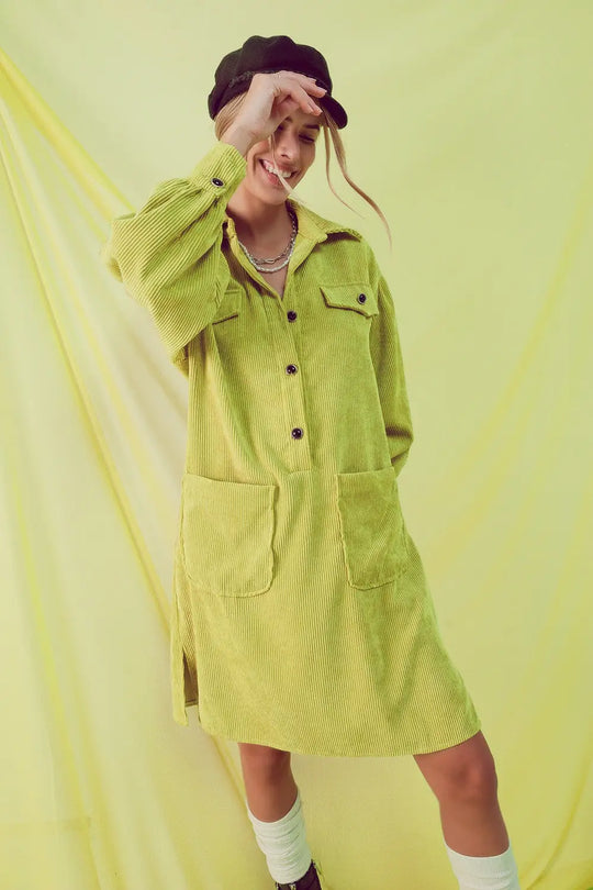 Cord mini shirt dress in lime - Dresses