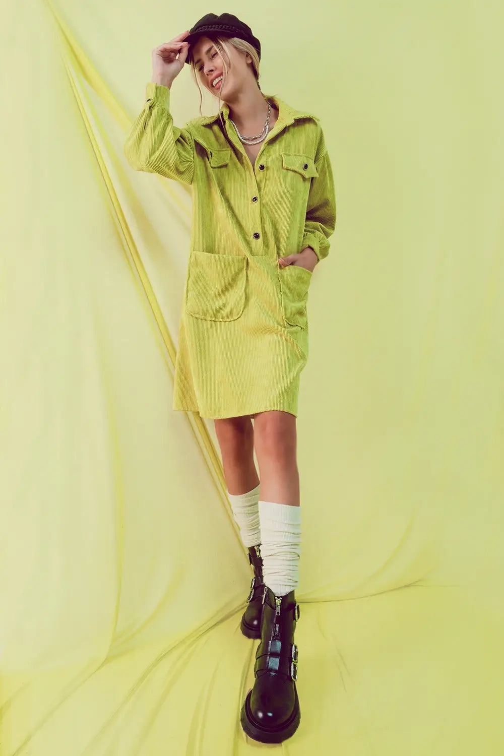 Cord mini shirt dress in lime - Dresses
