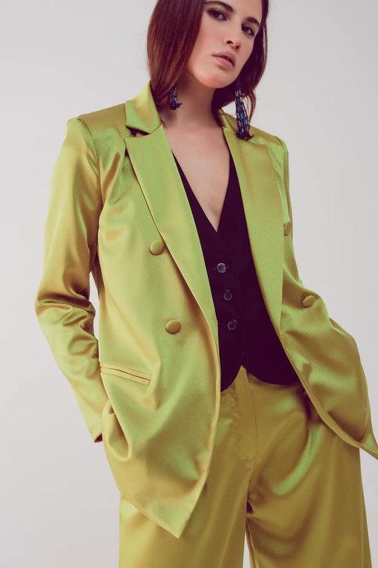 Satin tailored double breast blazer in lime - Jackets