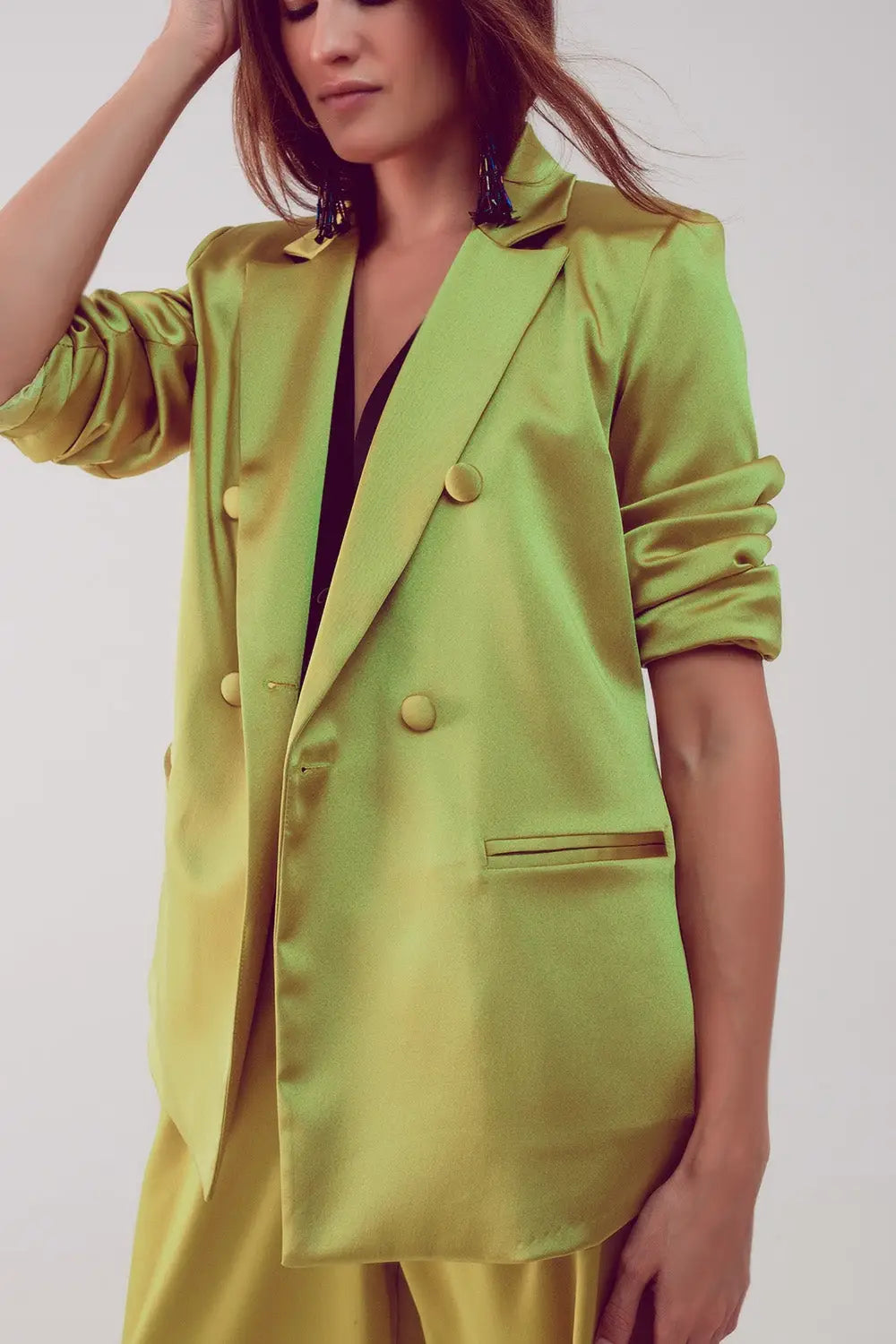 Satin tailored double breast blazer in lime - Jackets