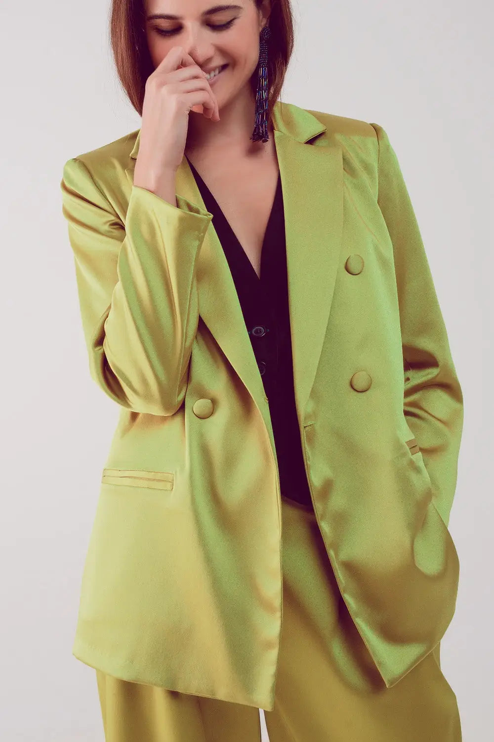 Satin tailored double breast blazer in lime - Jackets