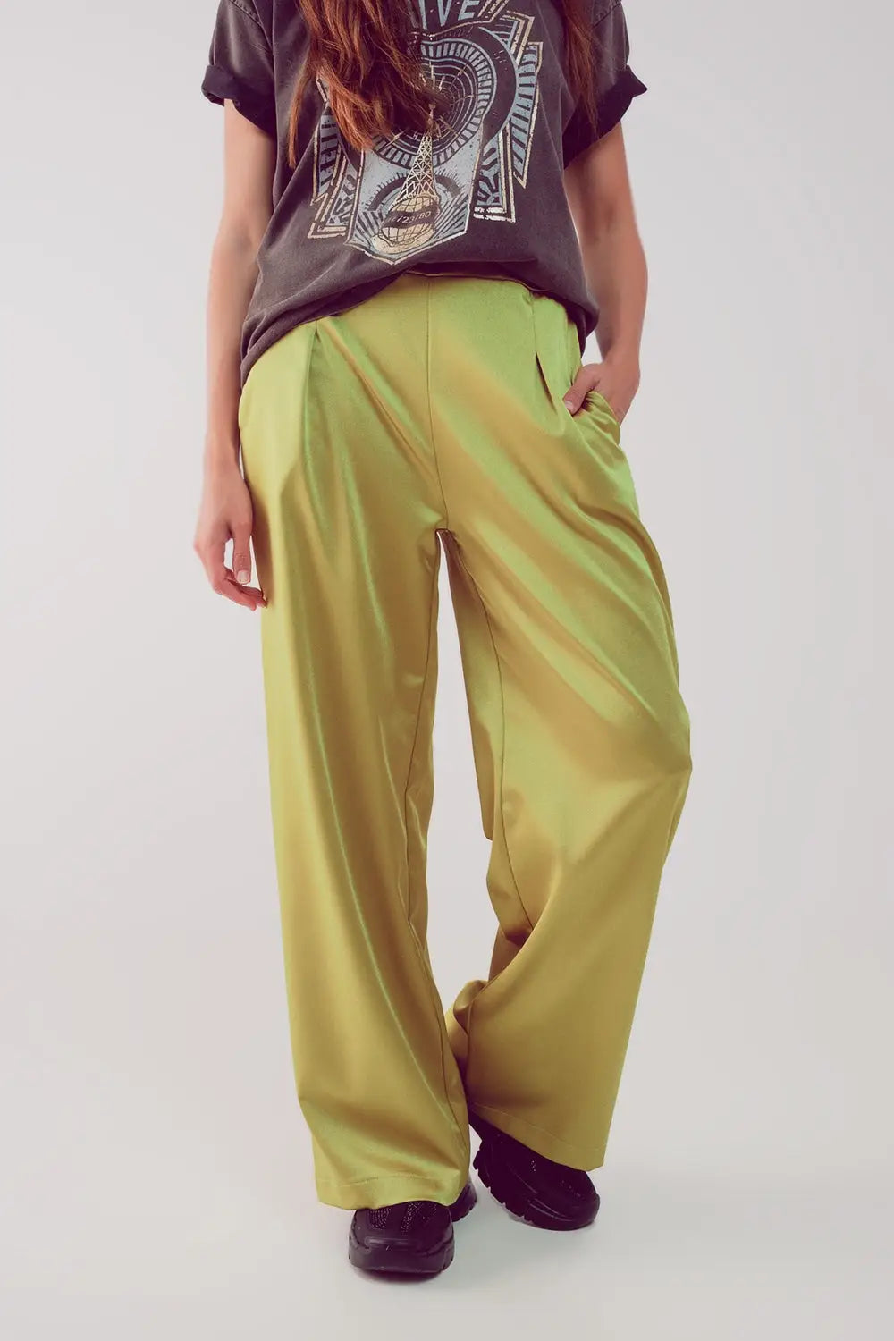 wide leg satin pants in acid lime - Pants