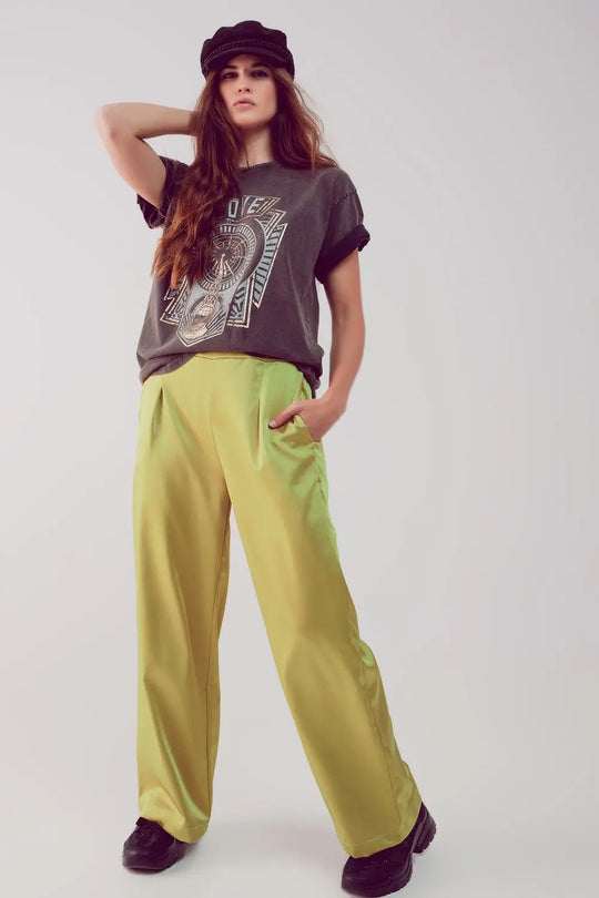 wide leg satin pants in acid lime - Pants