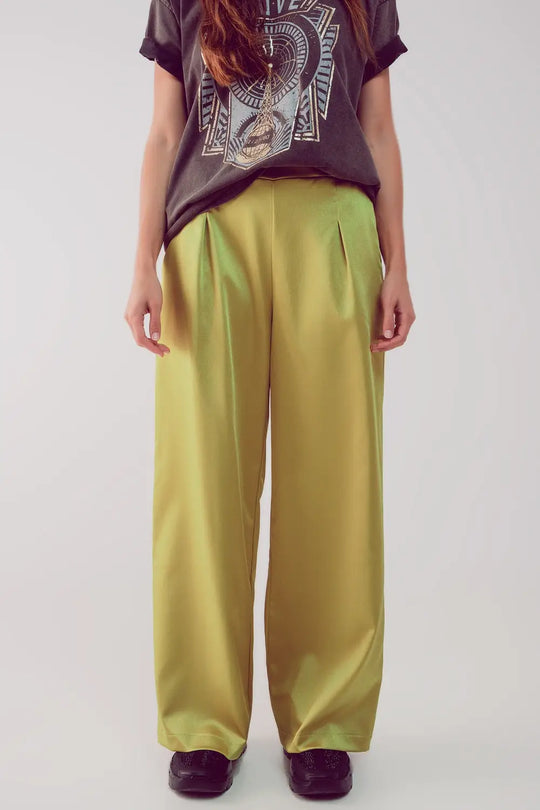 wide leg satin pants in acid lime - Pants