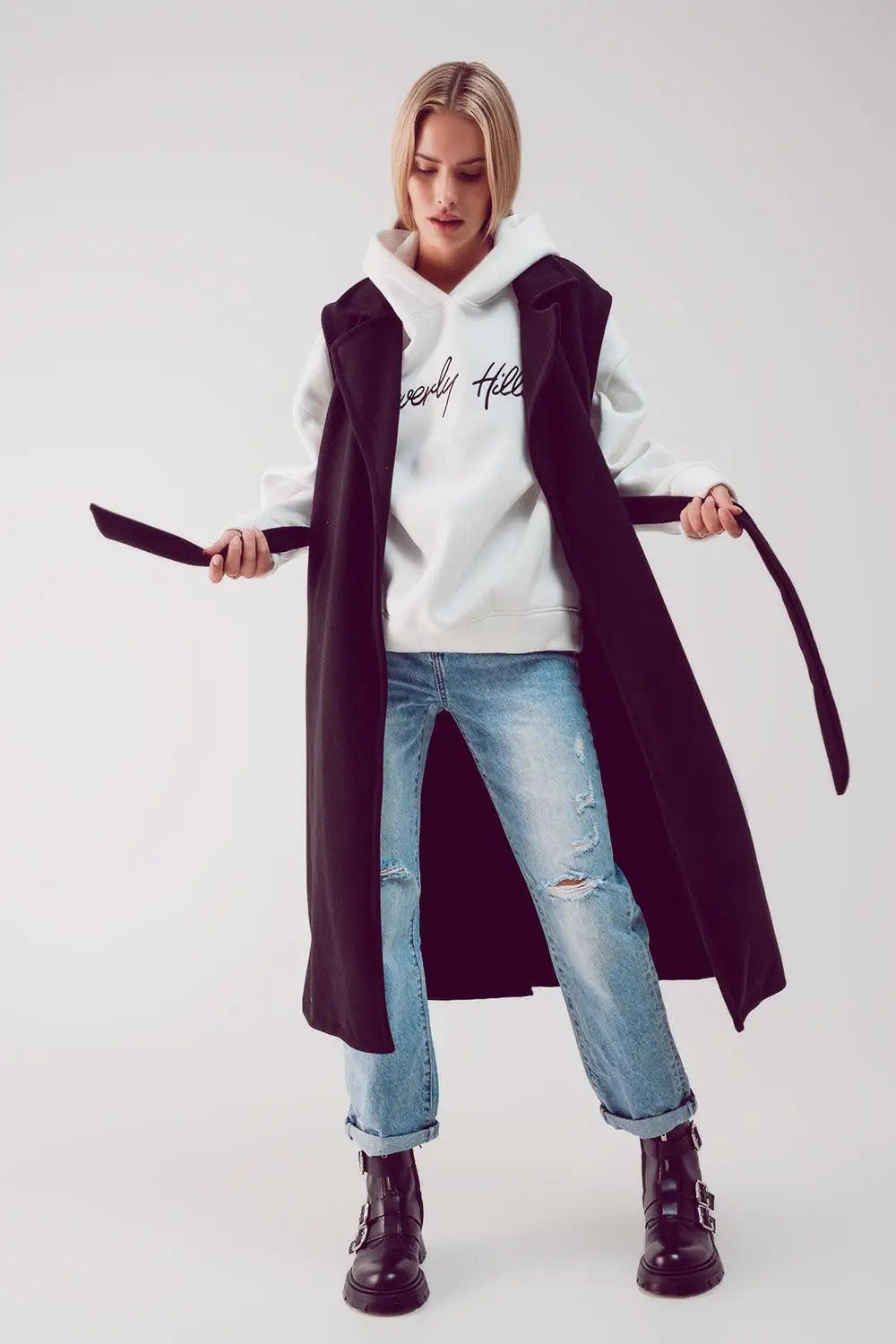 Ultra longline belted gilet in black - Jackets