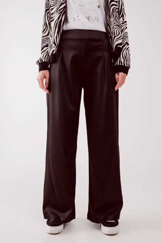 wide leg satin pants in black - Pants