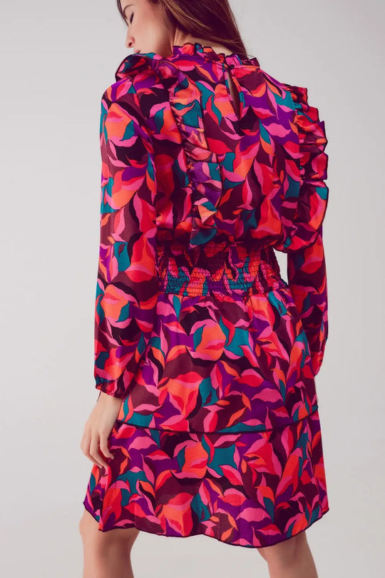 Layered frill mini dress in fucshia floral - Dresses