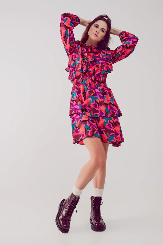 Layered frill mini dress in fucshia floral - Dresses