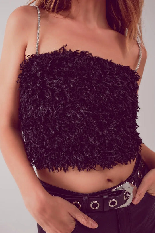 Faux feather crop cami in black - Tops