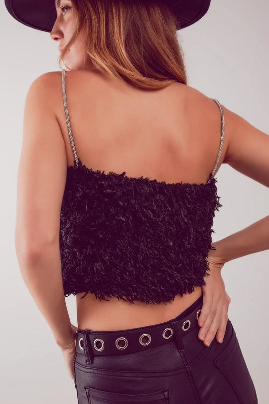 Faux feather crop cami in black - Tops