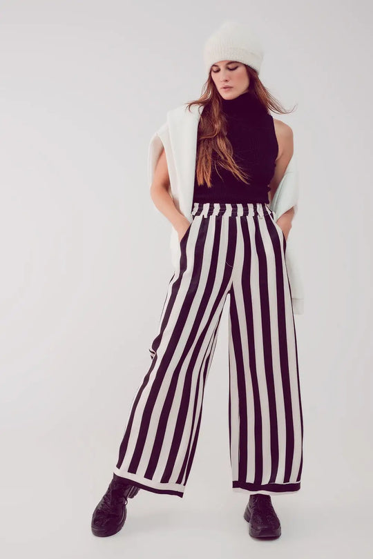 Satin wide leg stripe pants in black - Pants