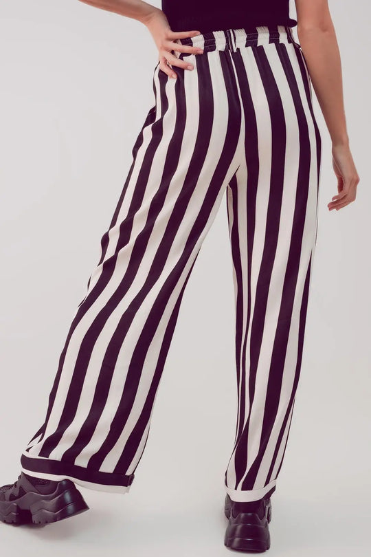 Satin wide leg stripe pants in black - Pants