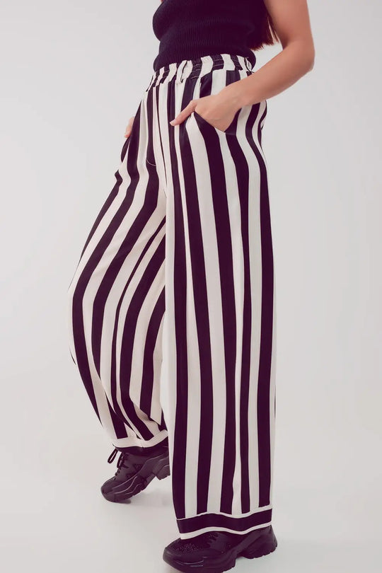 Satin wide leg stripe pants in black - Pants