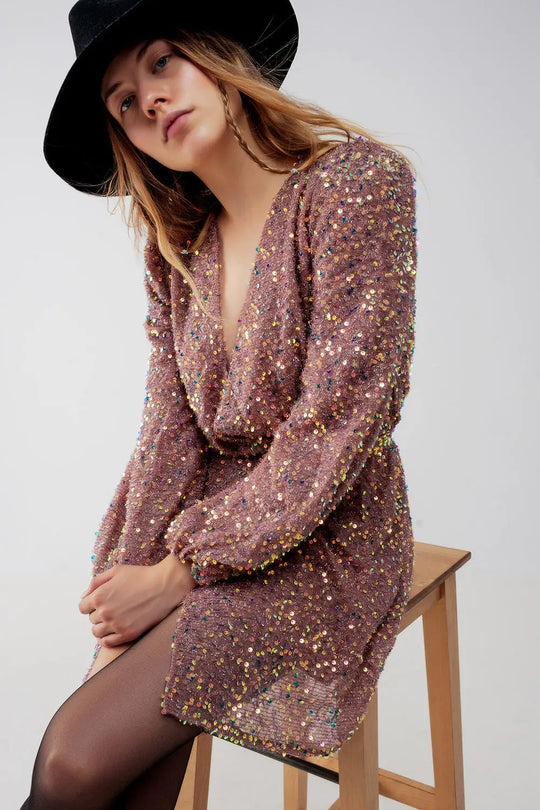 Sequin wrap mini dress in powder pink - Dresses