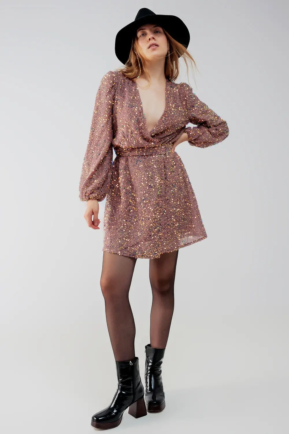 Sequin wrap mini dress in powder pink - Dresses