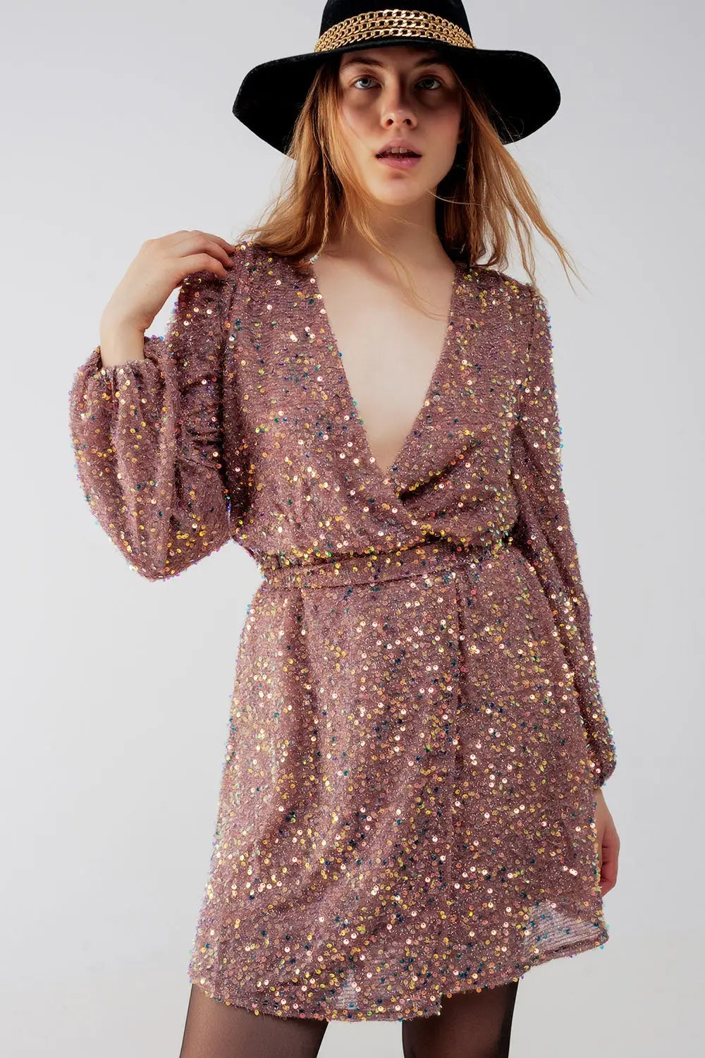 Sequin wrap mini dress in powder pink - Dresses