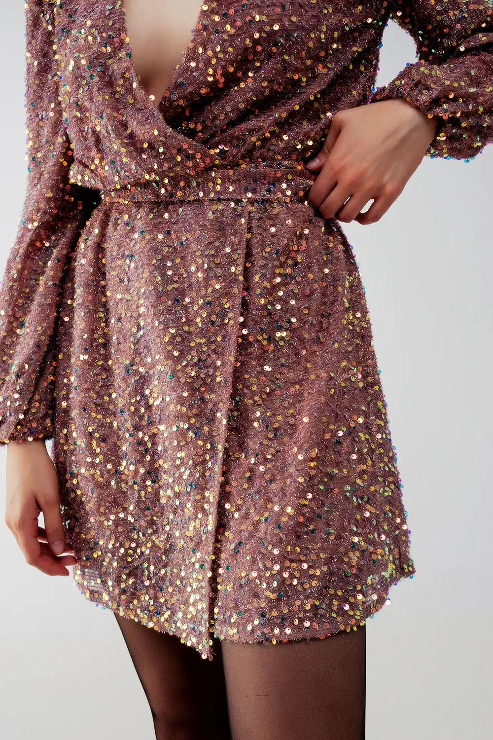 Sequin wrap mini dress in powder pink - Dresses