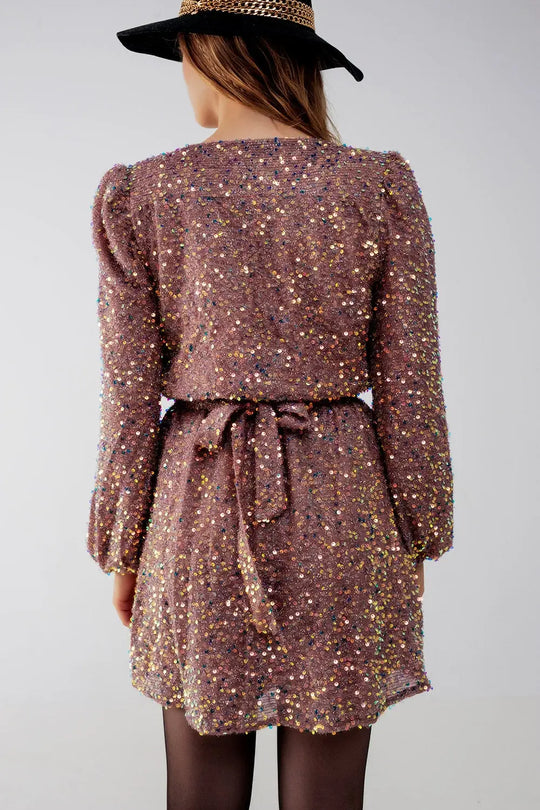 Sequin wrap mini dress in powder pink - Dresses