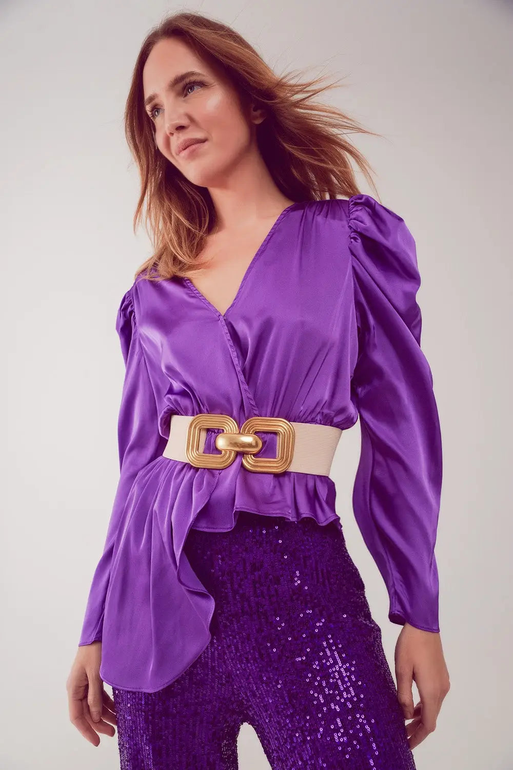 Asymmetric puff sleeve blouse in purple - Shirts