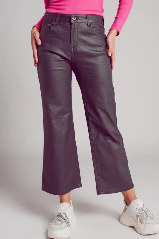 Faux leather wide leg trouser in grey - Pants