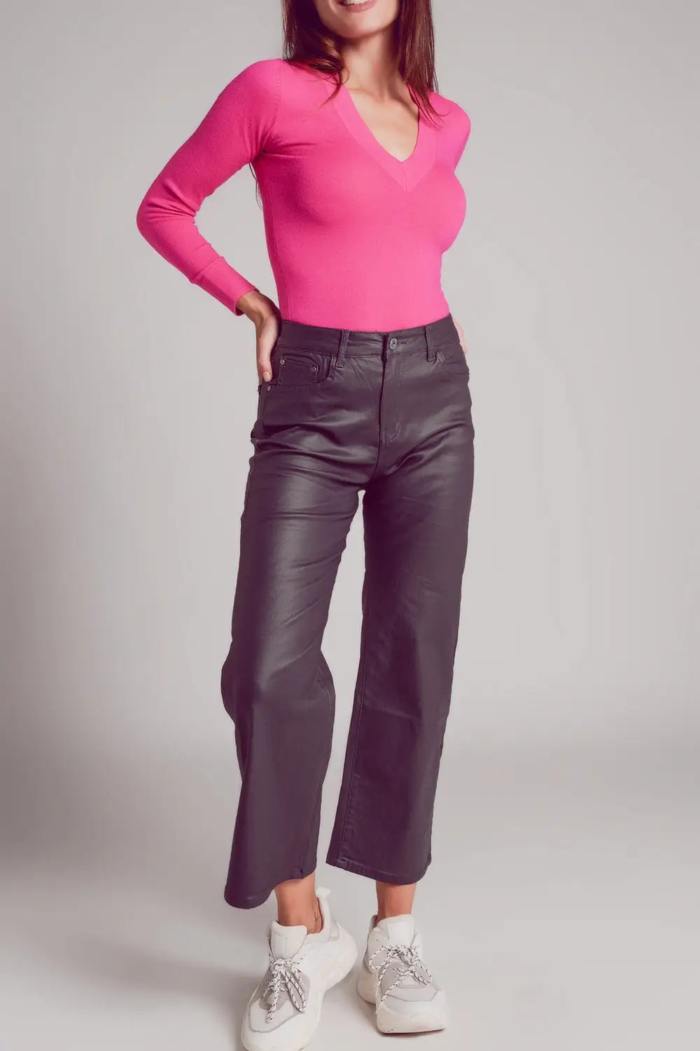 Faux leather wide leg trouser in grey - Pants