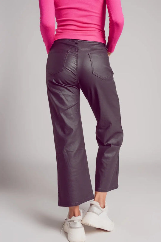 Faux leather wide leg trouser in grey - Pants
