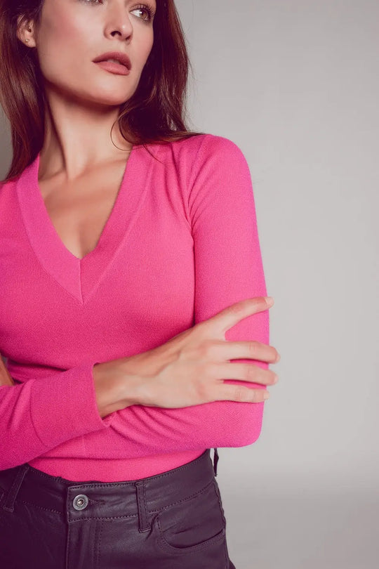 V neck fine knit jumper in fuchsia - Sweaters