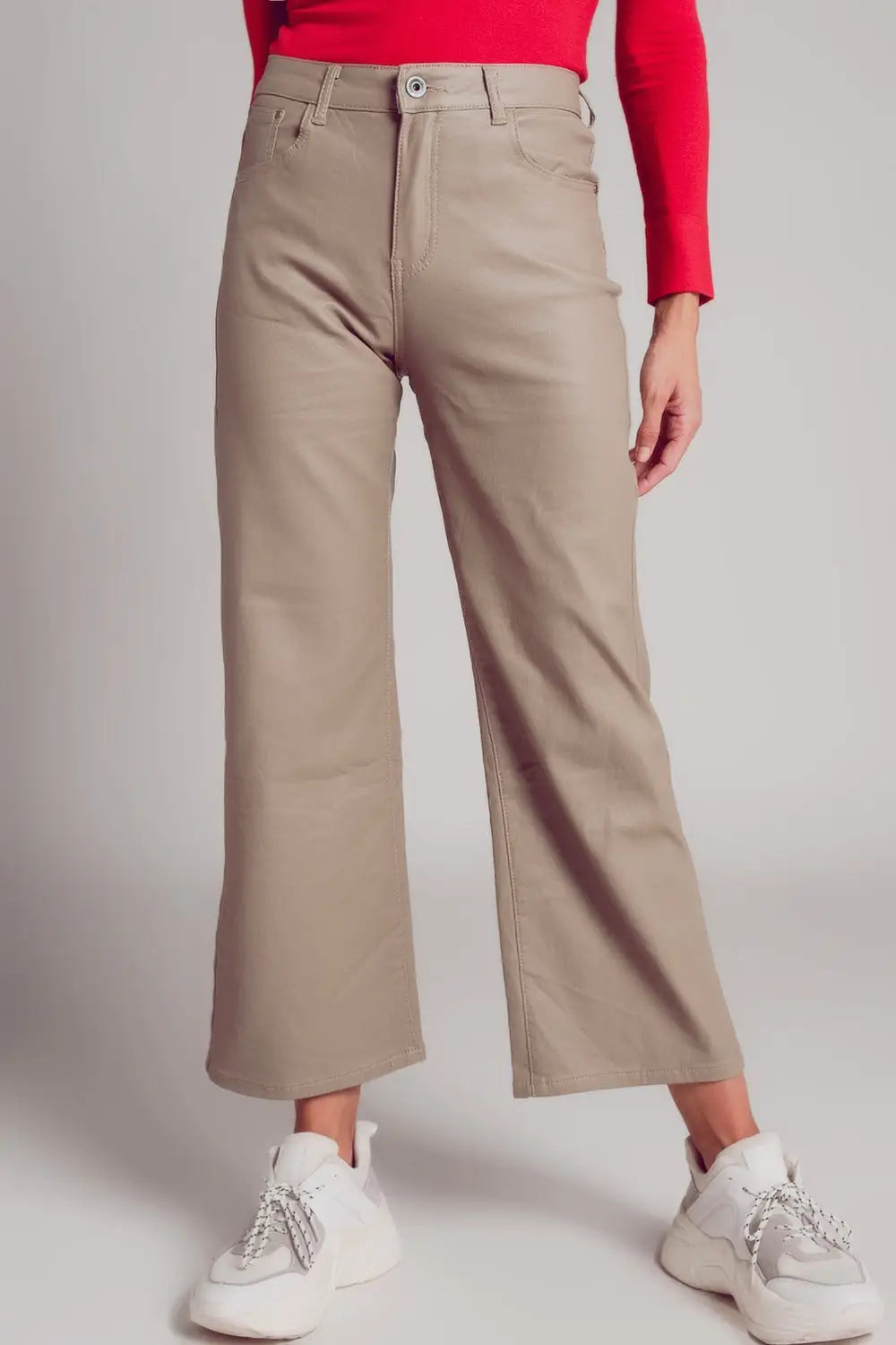 Faux leather wide leg trouser in beige - Pants