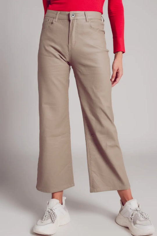 Faux leather wide leg trouser in beige - Pants