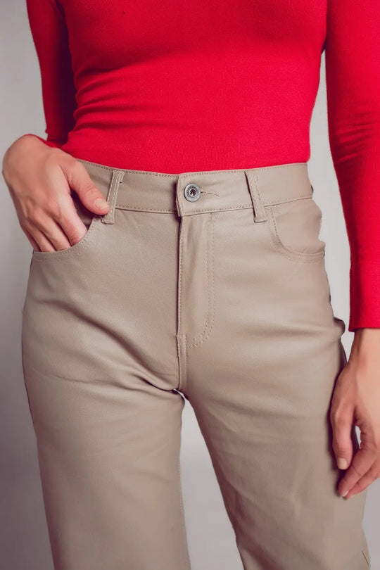 Faux leather wide leg trouser in beige - Pants