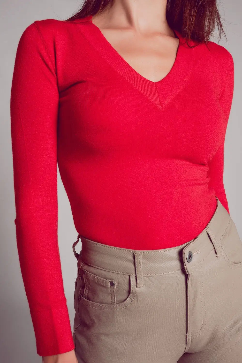 V neck fine knit jumper in red - Sweaters