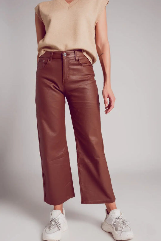 Faux leather wide leg trouser in brown - Pants