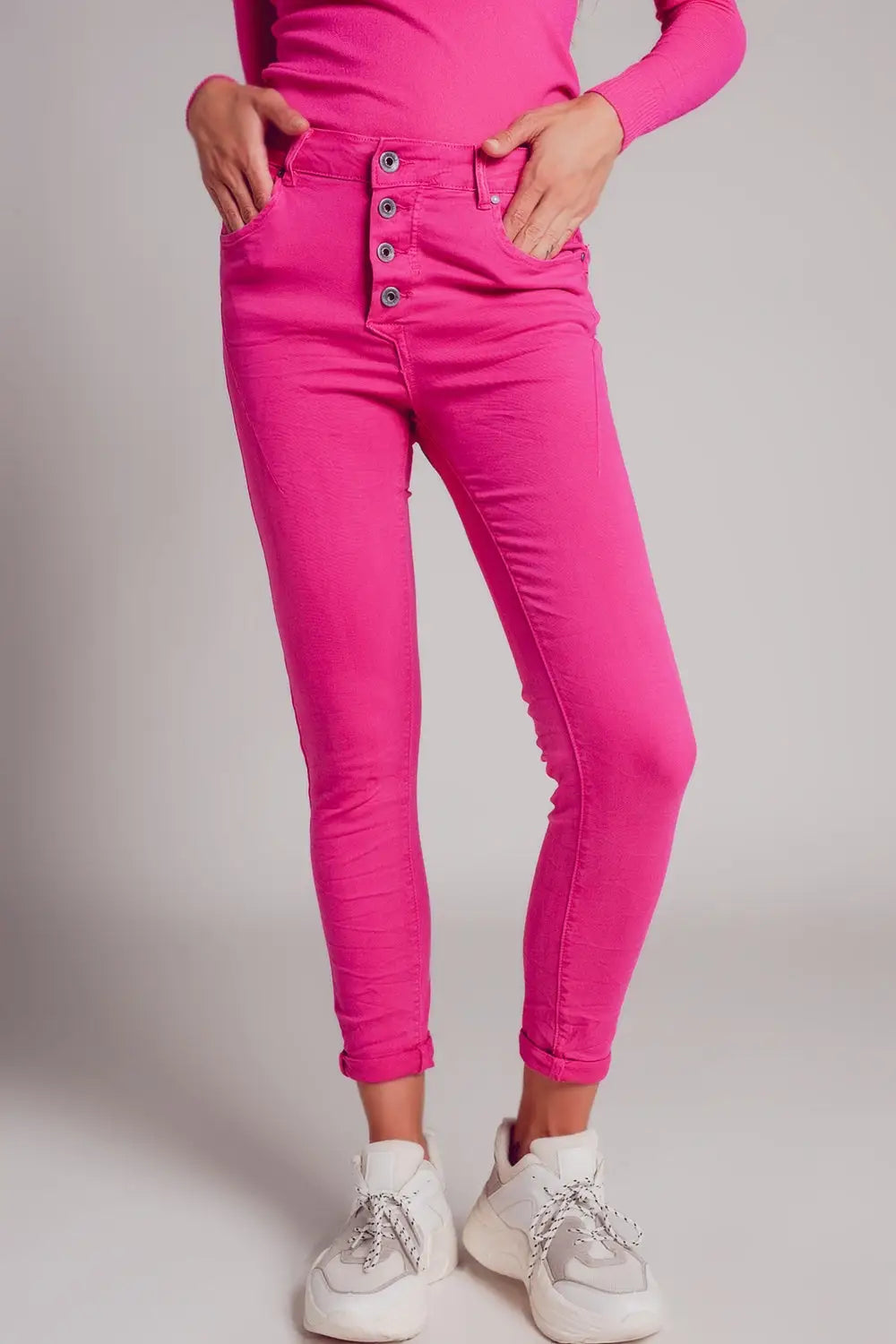 Exposed buttons skinny jeans in fuchsia - Colored Jeans