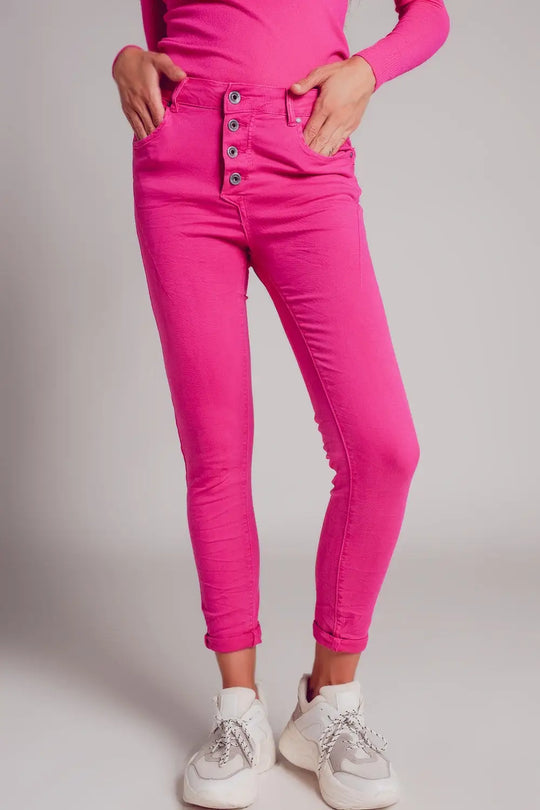 Exposed buttons skinny jeans in fuchsia - Colored Jeans