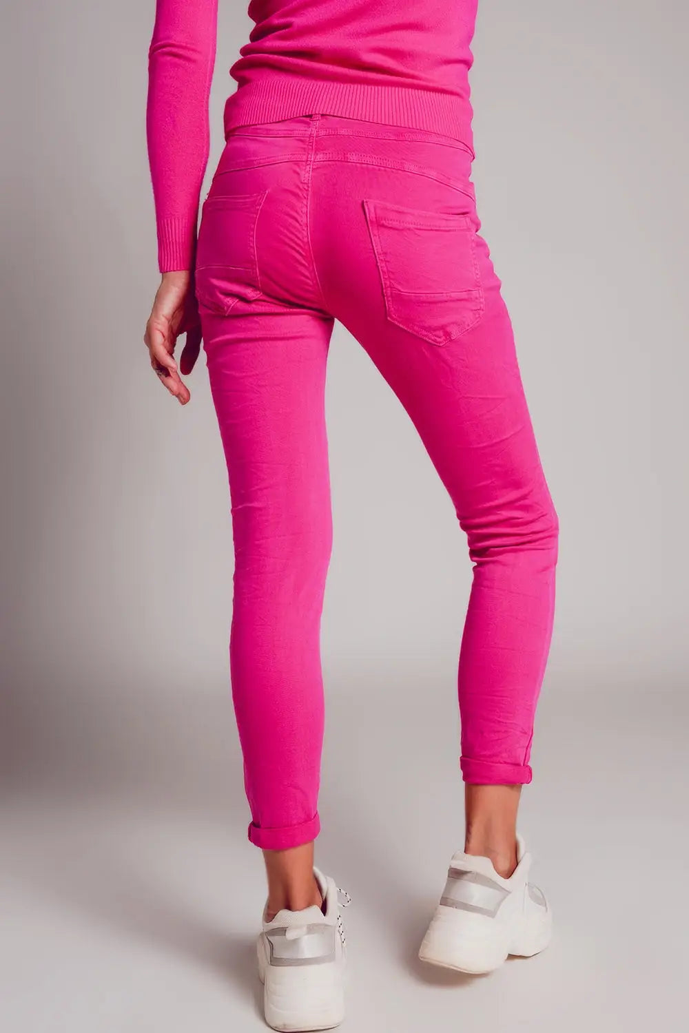 Exposed buttons skinny jeans in fuchsia - Colored Jeans