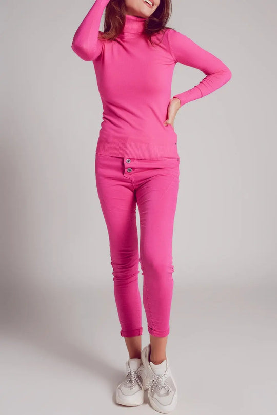 Exposed buttons skinny jeans in fuchsia - Colored Jeans