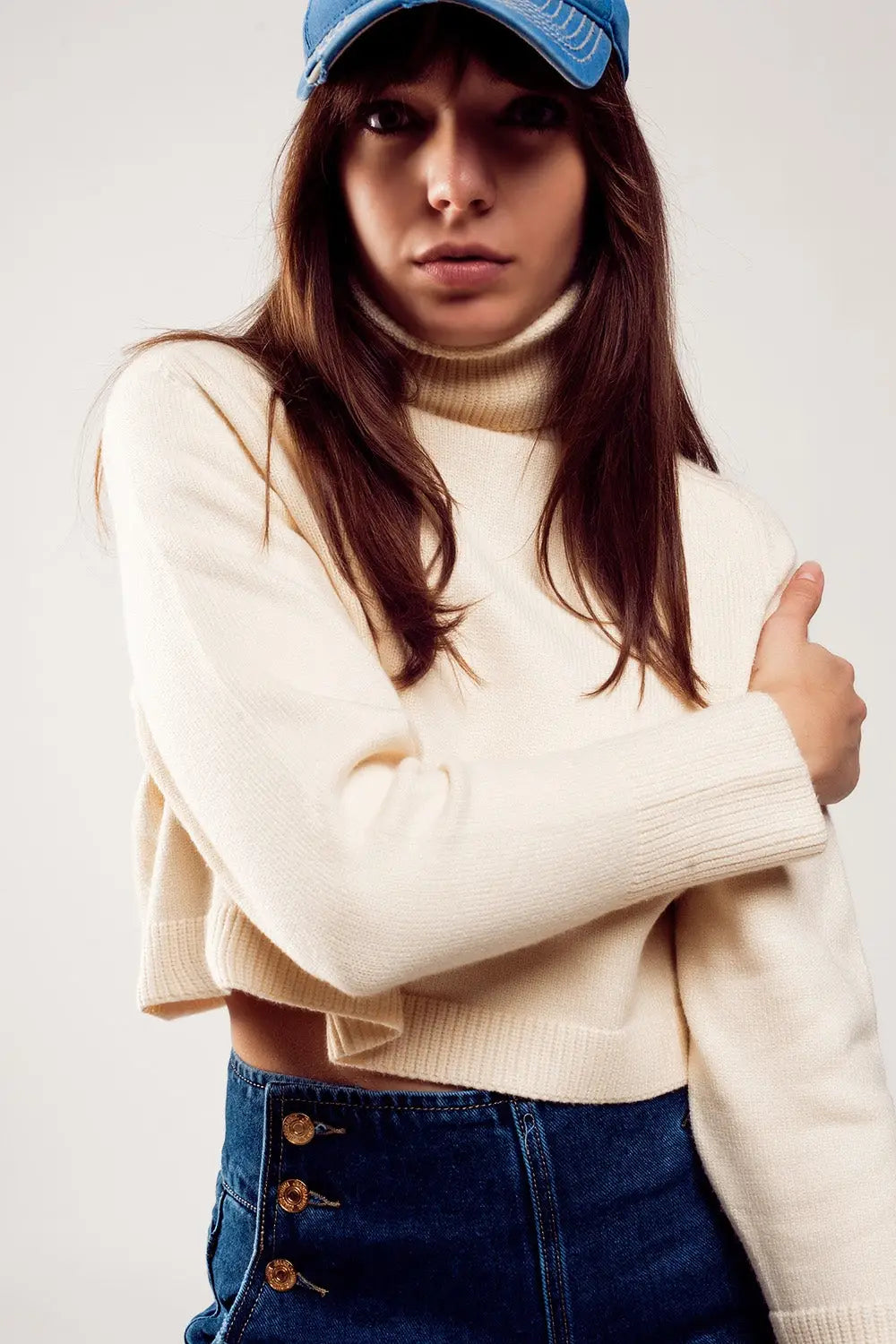 High neck cropped jumper in cream - Sweaters