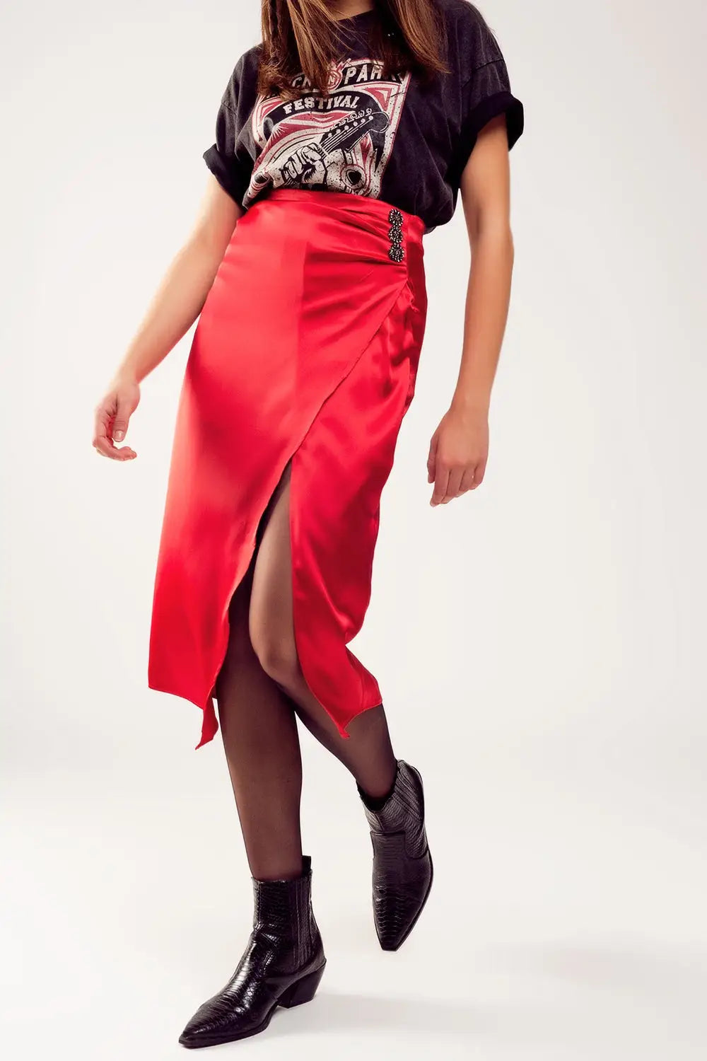 Split front midi skirt in red - Skirts