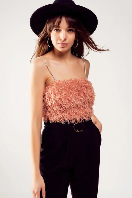 Faux feather crop cami in pink - Tops