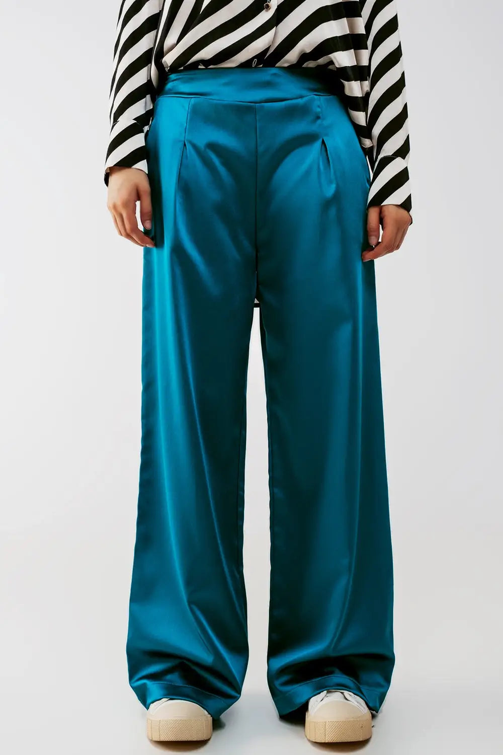 wide leg satin pants in blue - Pants