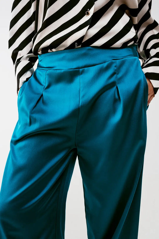 wide leg satin pants in blue - Pants