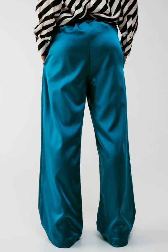 wide leg satin pants in blue - Pants