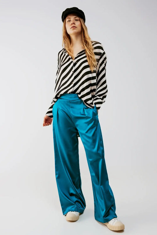 wide leg satin pants in blue - Pants